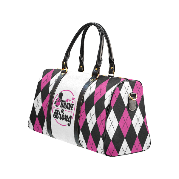 Brave and Strong Pink Argyle Breast Cancer Awareness Travel Bag