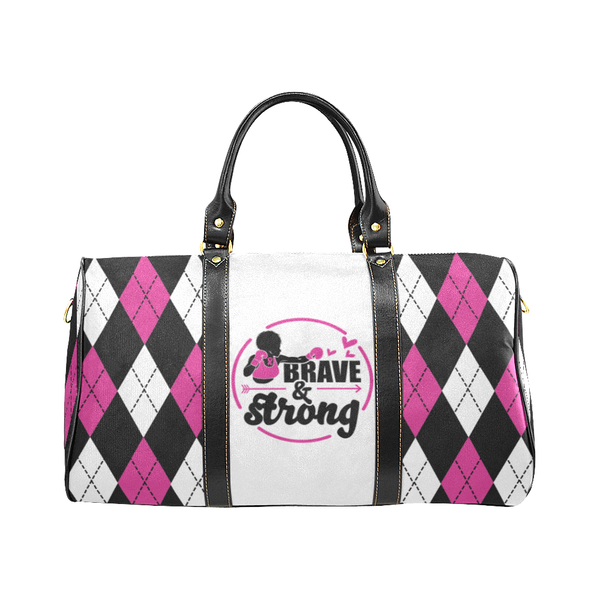 Brave and Strong Pink Argyle Breast Cancer Awareness Travel Bag