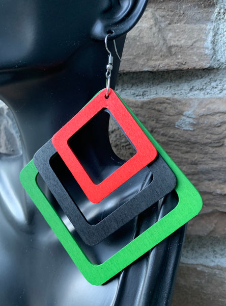 Red, Black & Green Geometric Wood Earrings