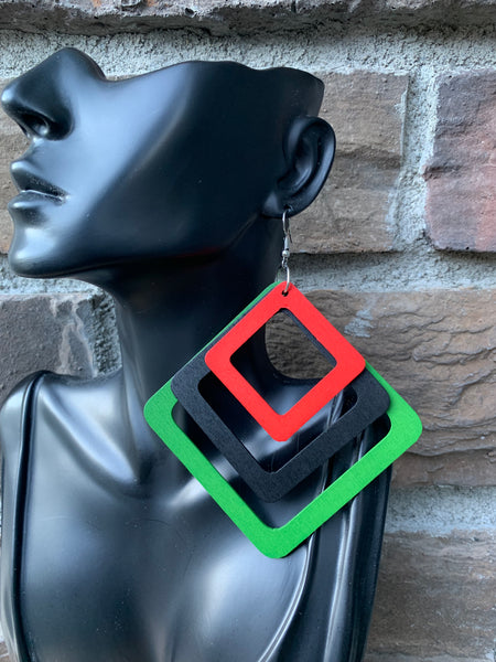 Red, Black & Green Geometric Wood Earrings