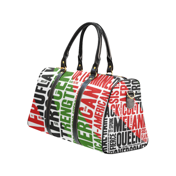 Melanin Queen Afrocentric Travel Bag, African American Culture Word Art Overnight/Weekender- White