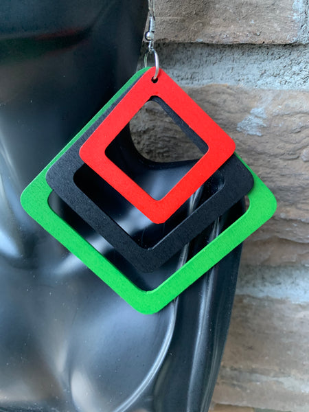 Red, Black & Green Geometric Wood Earrings