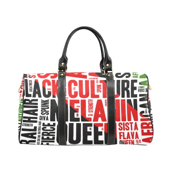 Melanin Queen Afrocentric Travel Bag, African American Culture Word Art Overnight/Weekender- White