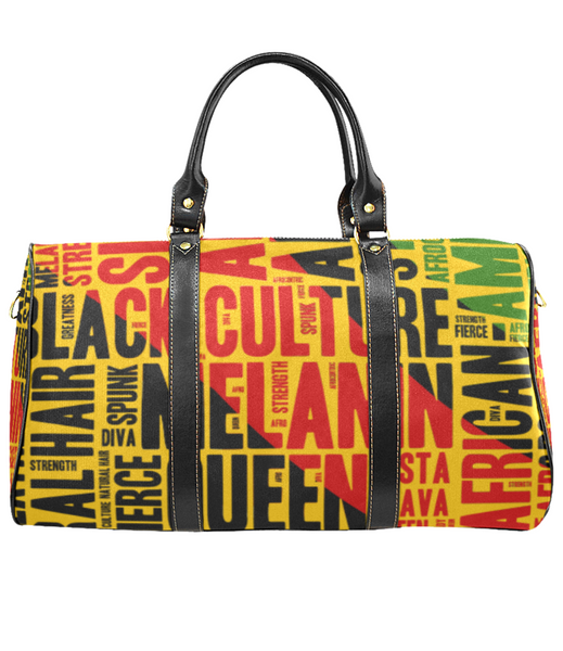 Melanin Queen Afrocentric Travel Bag, African American Culture Word Art Overnight/Weekender- Yellow